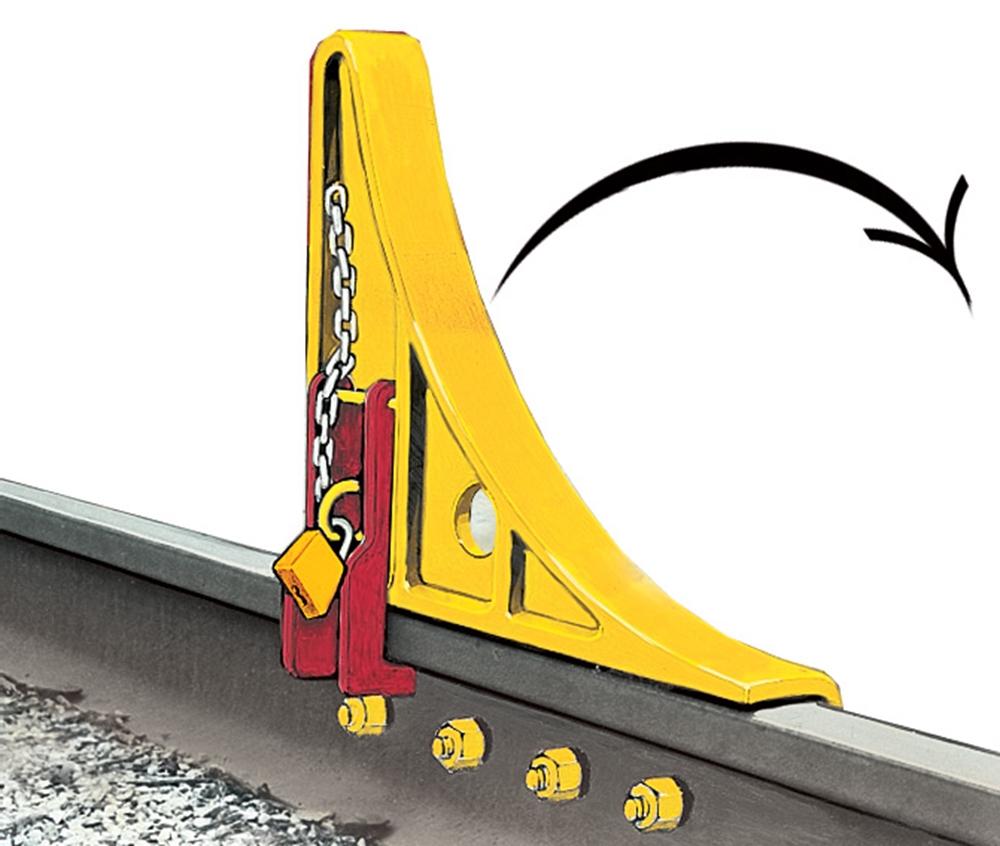 CS-3X Hinged Locking Right Hand Car Stop
Car Stops for flat track only and must be used in pairs.  Folds away from rail to outside of track.  Equipped with padlock for locking in upward/lowered position.  Rails 60lbs and up.  Weight 94lbs.